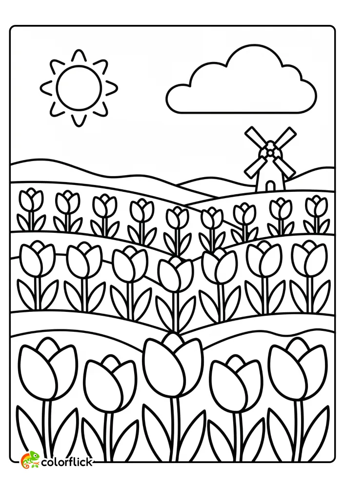 Simple printable coloring page for kids featuring rows of cute tulips in a rolling field with a windmill and a smiling sun.