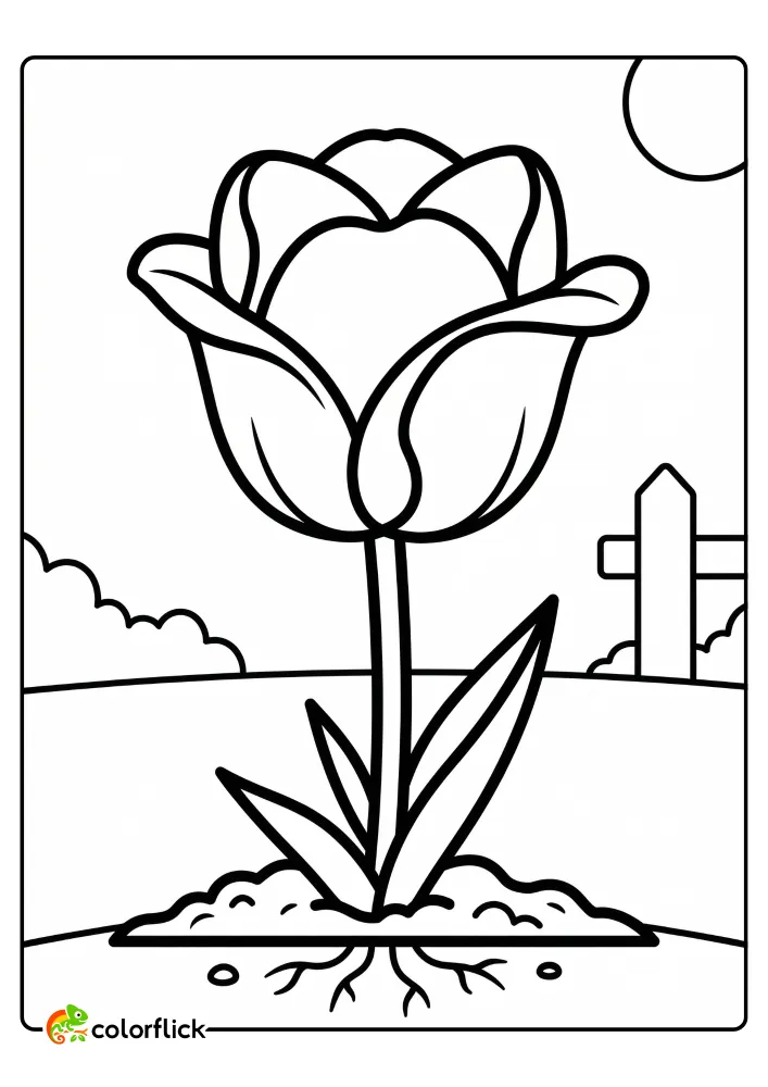 A simple black and white printable coloring page for kids featuring a large, beautiful tulip flower in full bloom within a sunny garden setting with a small fence.
