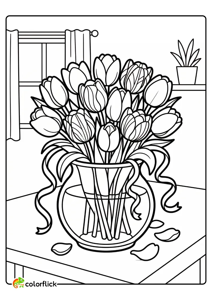 Cute printable coloring page for kids featuring mixed tulips in a glass vase with trailing ribbons.