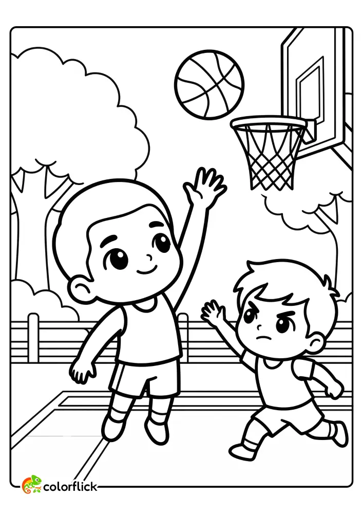 Cute boys playing a game of basketball on an outdoor court, printable coloring page for kids.