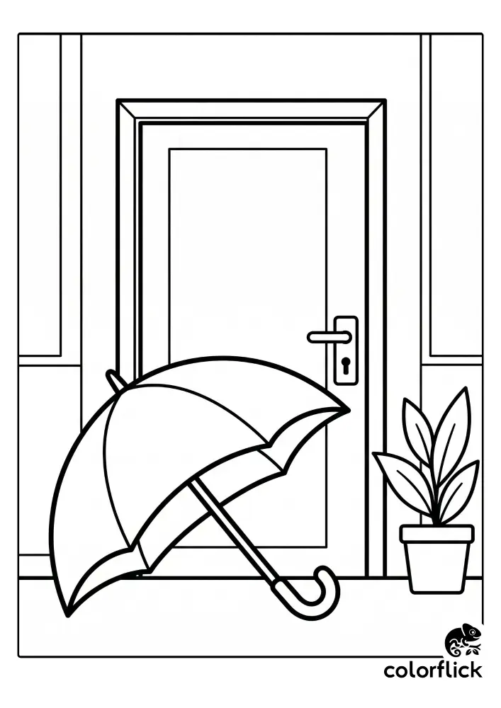 Chibi style open umbrella leaning against a door with a potted plant, printable coloring page for kids with bold lines.