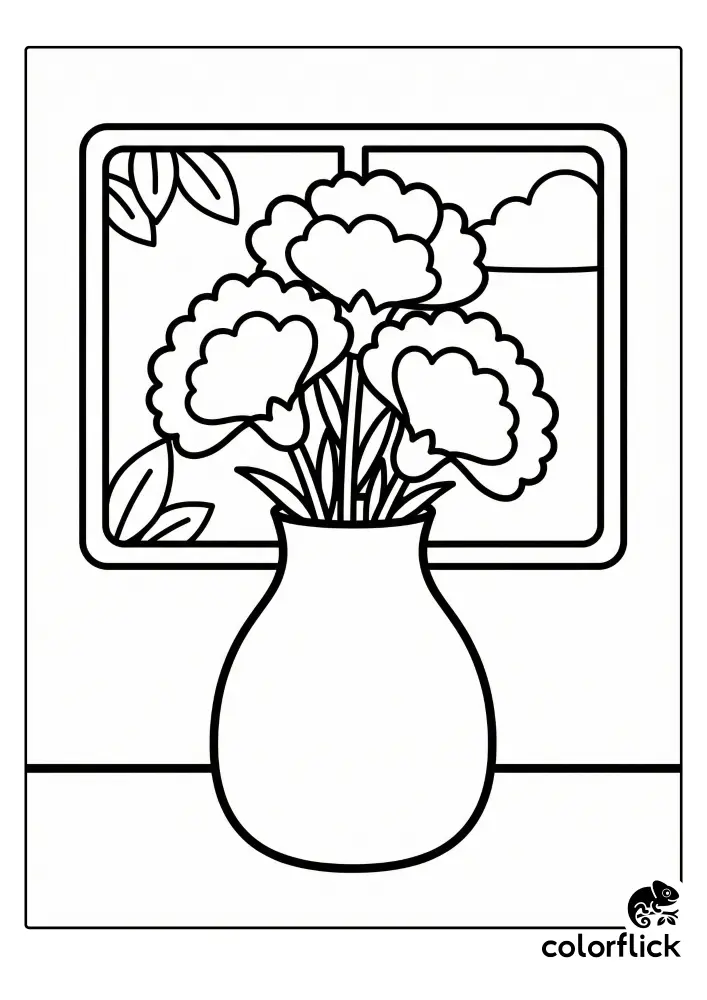Simple Chibi vase holding stylized carnation flowers in front of a window, a free printable coloring sheet for toddlers and preschoolers.