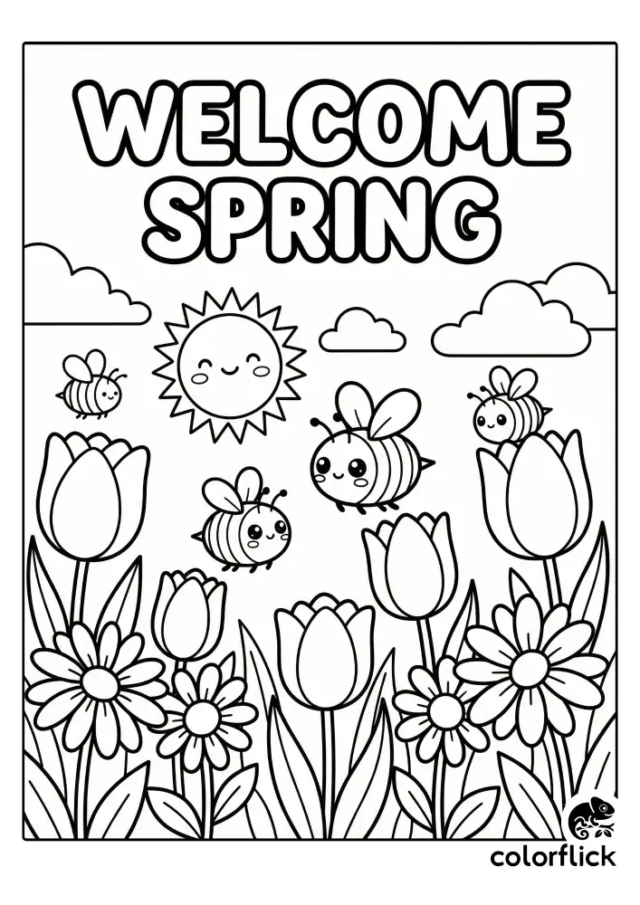 Chibi bees flying over tulips and daisies with "WELCOME SPRING" text in a cute sun scene, a free printable coloring sheet for kids.