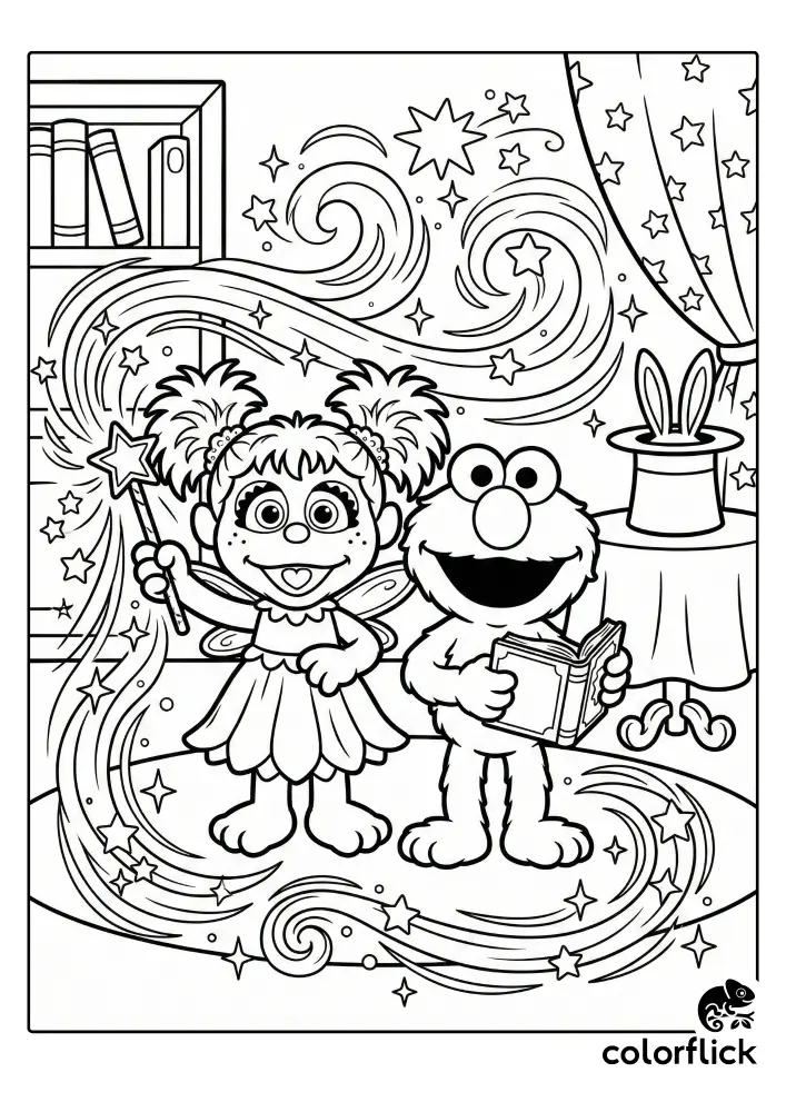A free printable coloring page for kids featuring cute Chibi Elmo holding a spellbook and Abby Cadabby casting a magic spell with swirls and stars in a magician's room.