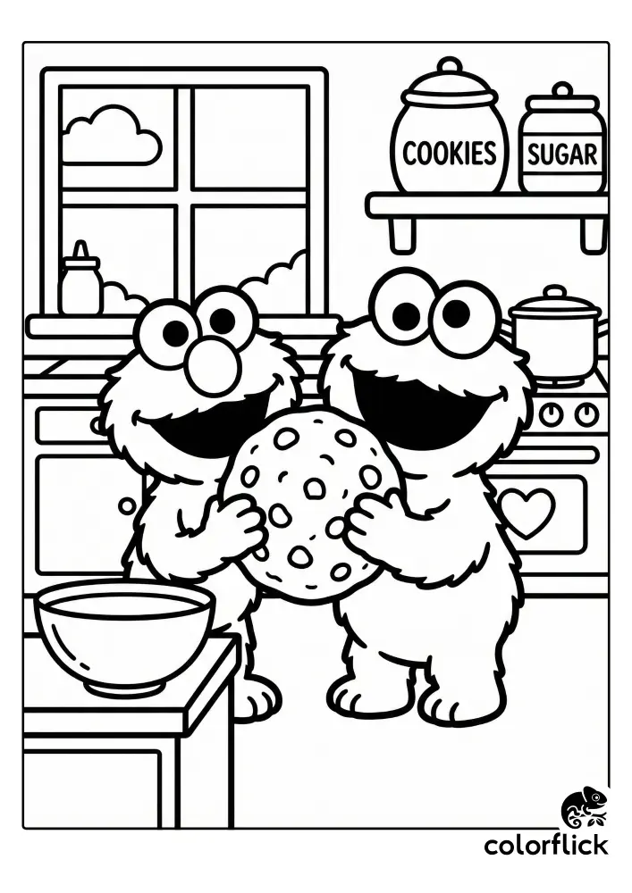 A free printable coloring sheet featuring cute Chibi Elmo and Cookie Monster happily sharing a giant chocolate chip cookie in a detailed kitchen setting with ovens and jars.