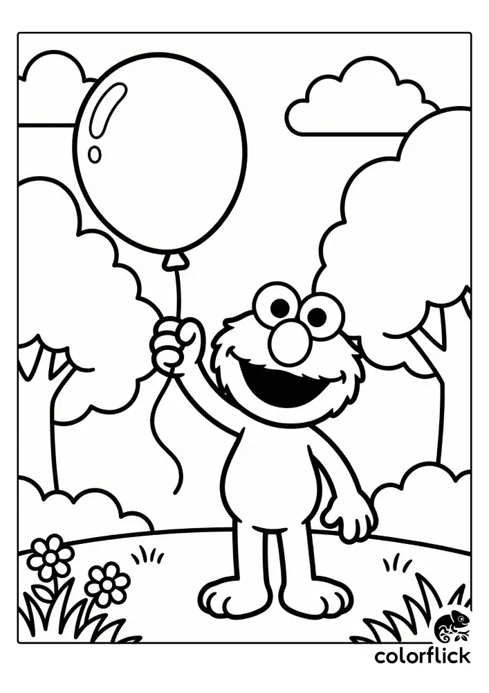 A free printable coloring page for kids featuring a cute, happy Chibi Elmo standing in a sunny park scene and holding a large round balloon up in the air.