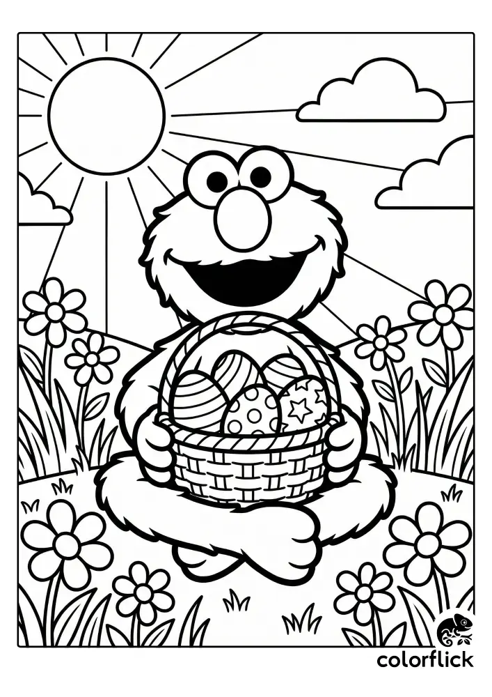 A free printable coloring page for kids featuring a happy Chibi Elmo sitting in a sunny flower field, holding a basket overflowing with patterned Easter eggs.