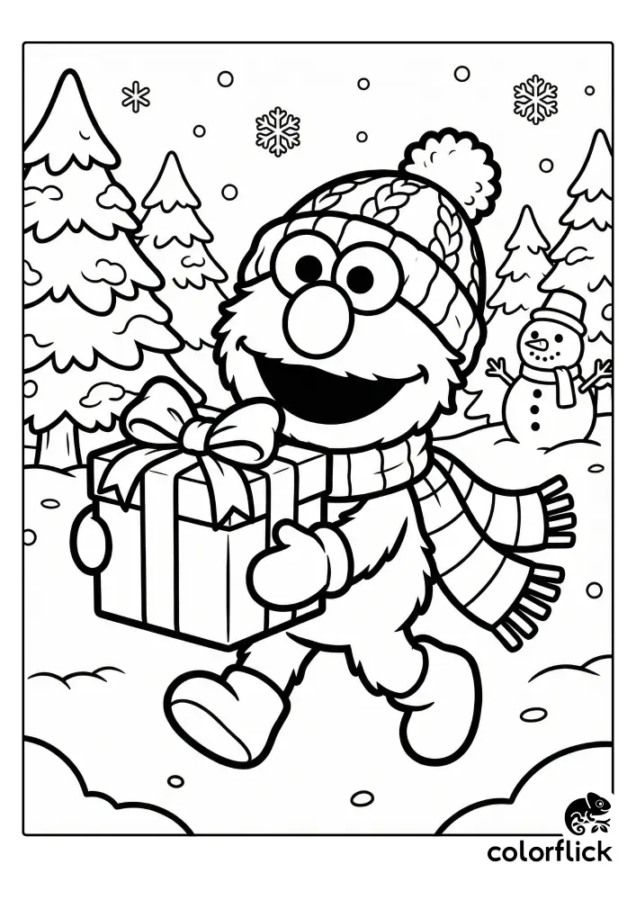 Chibi Elmo in a winter hat and scarf carrying a wrapped present through a snowy forest with a snowman, a free printable coloring page for kids.