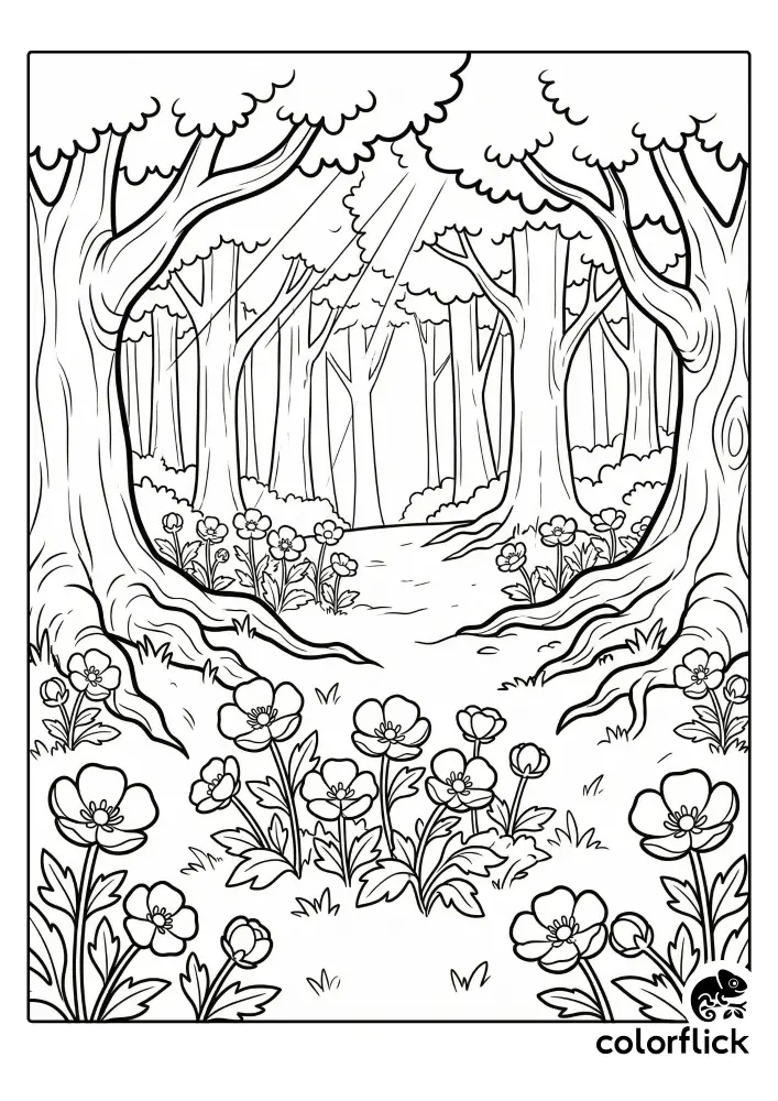 Chibi forest clearing scene with blooming buttercups and gnarled tree roots under sun rays, a free printable coloring page for kids.