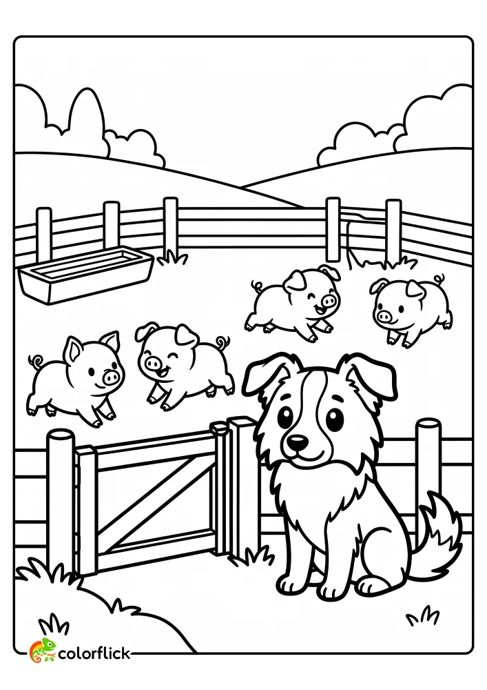 Watchful Border Collie farm dog keeping an eye on playful piglets in a simple pig pen printable coloring page for kids.