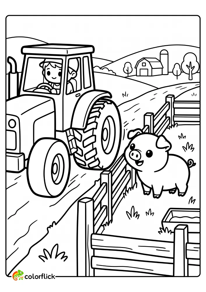 A cute farmer driving a large tractor on a dirt path with a pig watching from behind a pasture fence, printable coloring page for kids.