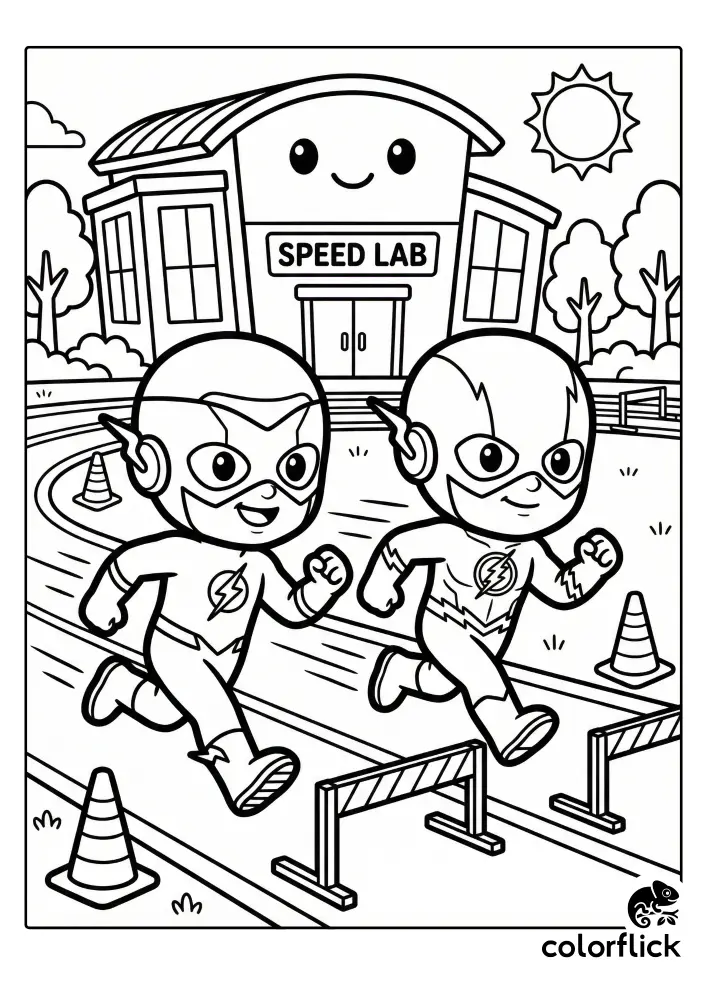 Free printable coloring sheet featuring adorable chibi Kid Flash and The Flash running side-by-side on a track with hurdles outside the "Speed Lab" building.