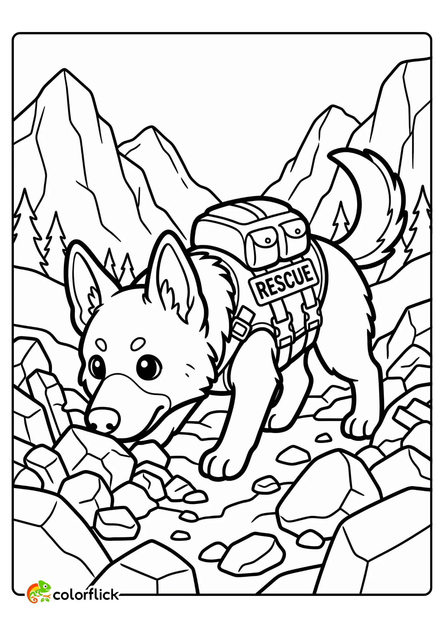 A cute printable coloring page for kids featuring a brave German Shepherd search and rescue dog wearing a 'RESCUE' vest and backpack sniffing through a pile of rocky mountain rubble.