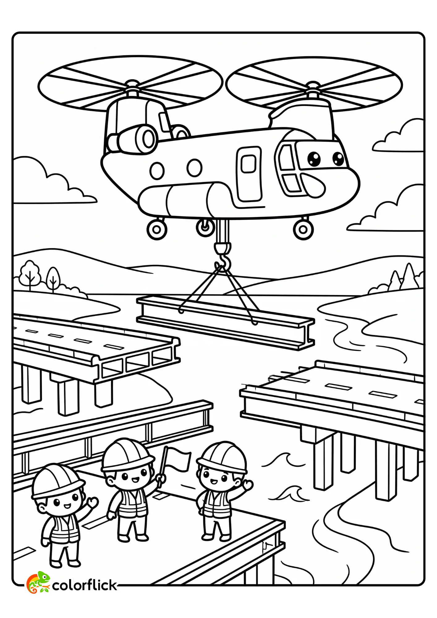 A giant twin-rotor sky crane helicopter carries a heavy steel beam above a half-constructed bridge, with construction workers signaling from below, on this printable coloring page for kids.