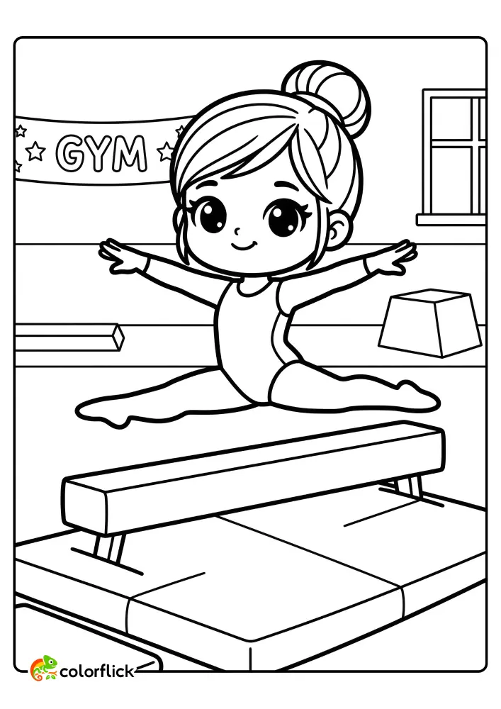 Cute girl gymnast performing a perfect split leap over a balance beam on a gym mat, printable coloring page for kids.