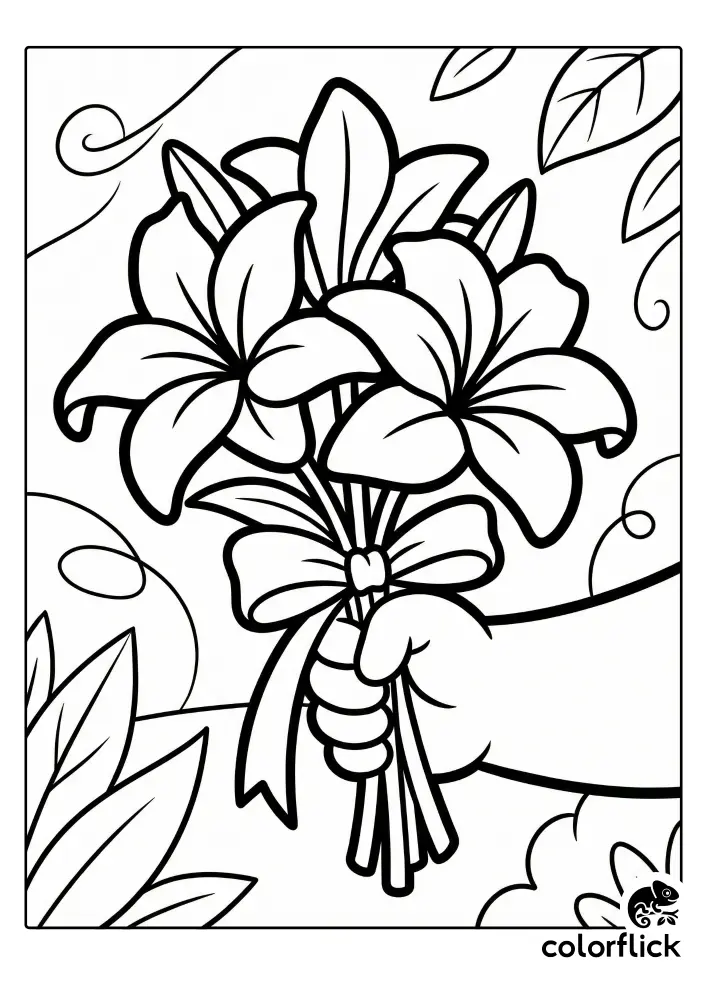 Chibi hand holding a small bouquet of three large lilies with a ribbon bow, a free printable coloring page for kids.