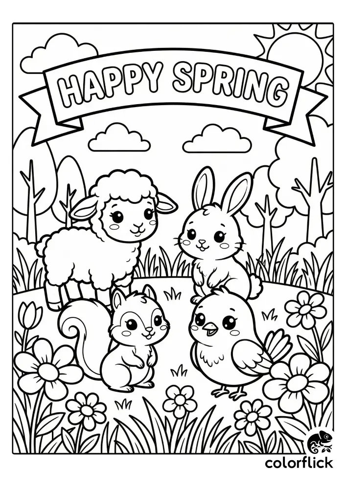 Free printable coloring page for kids featuring cute chibi animals like a lamb, rabbit, squirrel, and bird gathering under a "HAPPY SPRING" banner in a flower meadow.