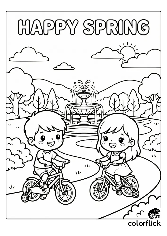 Chibi boy and girl riding bicycles with training wheels on a park path past a large fountain under "HAPPY SPRING" text, a free printable coloring sheet for kids.