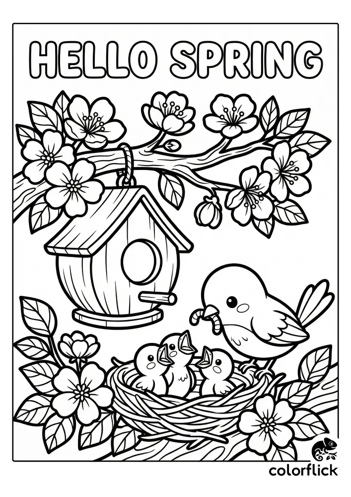 Chibi line art showing a mother bird feeding a worm to three hungry chicks in a nest on a blossoming branch next to a birdhouse, with "HELLO SPRING" text above. This is a free printable coloring sheet for kids.