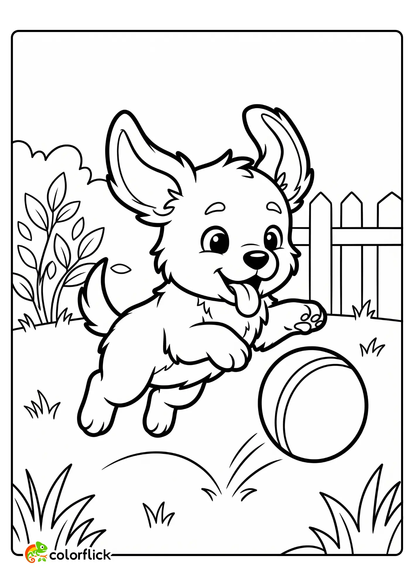 A cute printable coloring page for kids featuring a happy fluffy puppy jumping in a grassy backyard to catch a bouncing striped ball near a picket fence.