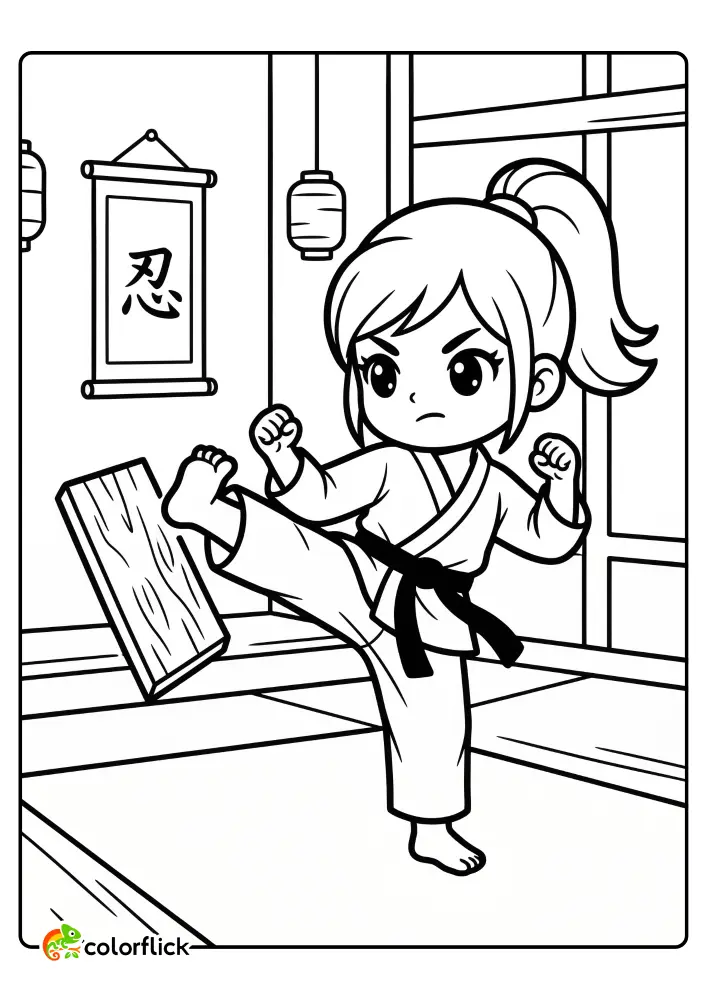 A brave girl in a white gi breaking a wooden board with a powerful side-kick, printable coloring page for kids.