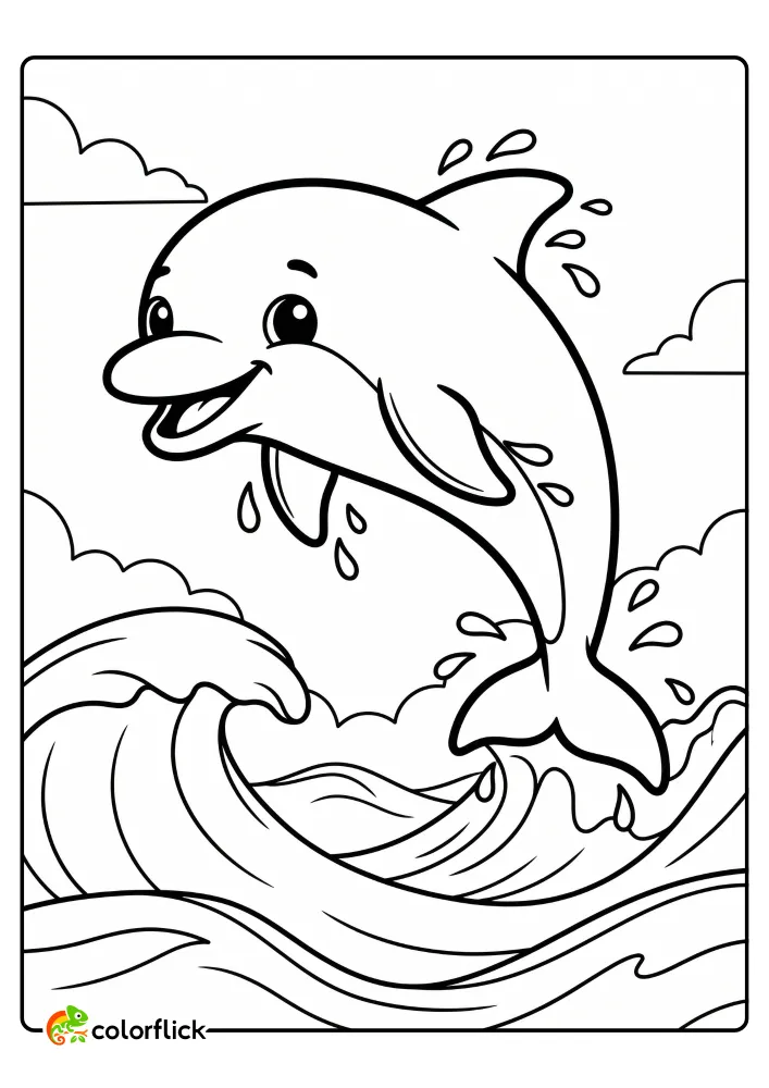 A cute bottlenose dolphin leaping high out of splashing ocean waves, smiling and surrounded by water droplets, perfect as a printable coloring page for kids.