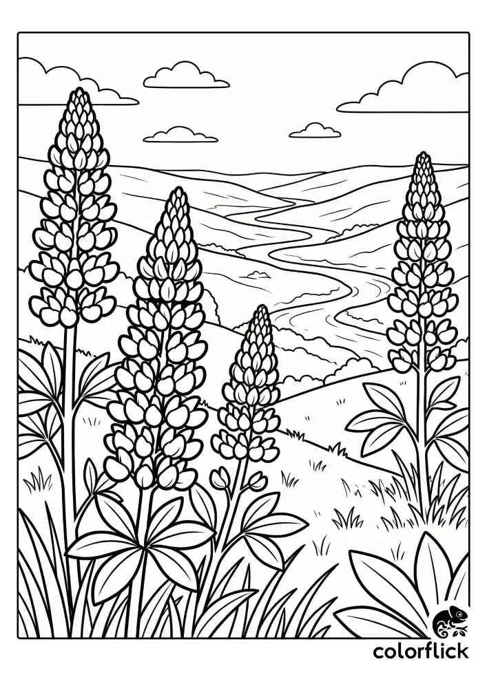 Tall Chibi lupine flower stalks on a grassy hillside overlooking a sweeping valley view, a free printable coloring sheet for kids.