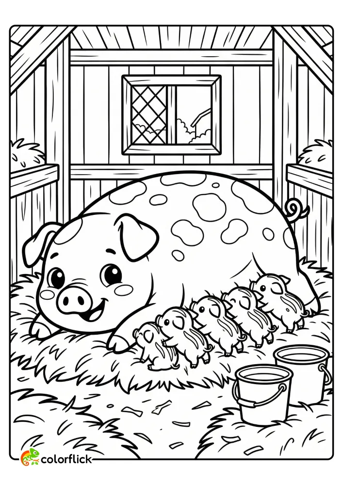 A cozy scene of a large spotted sow lying down in a hay-filled barn stall with four tiny piglets and milk buckets, a printable coloring page for kids.