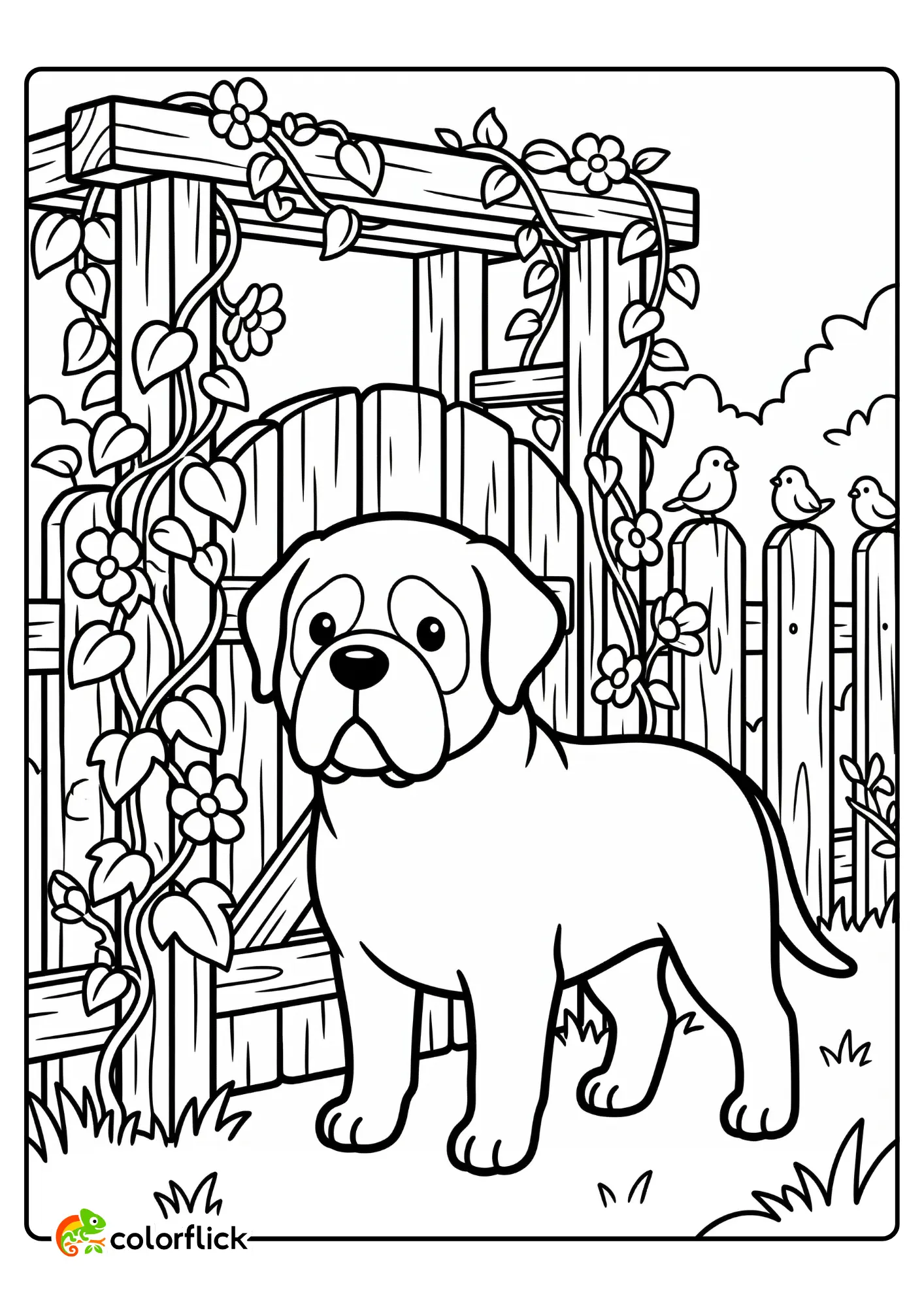 A cute printable coloring page for kids of a massive Mastiff dog standing alert beside a flower-covered garden gate with climbing vines and three birds on a wooden picket fence.