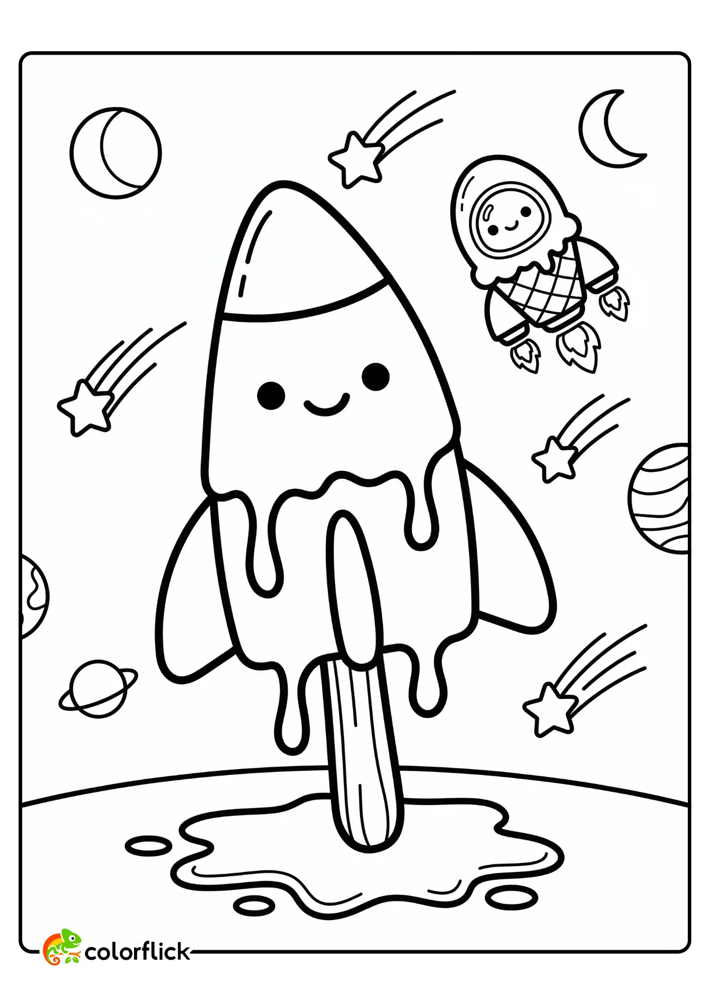 A simple printable coloring sheet showing a cute rocket-shaped popsicle melting into a puddle in a space scene with stars and a floating astronaut ice cream cone.