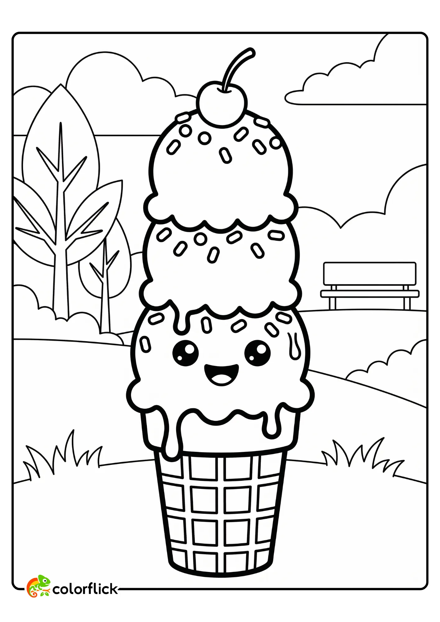 A cute triple-scoop ice cream cone with a smiling face and sprinkles, complete with a cherry on top and melting scoops, a printable coloring page for kids.