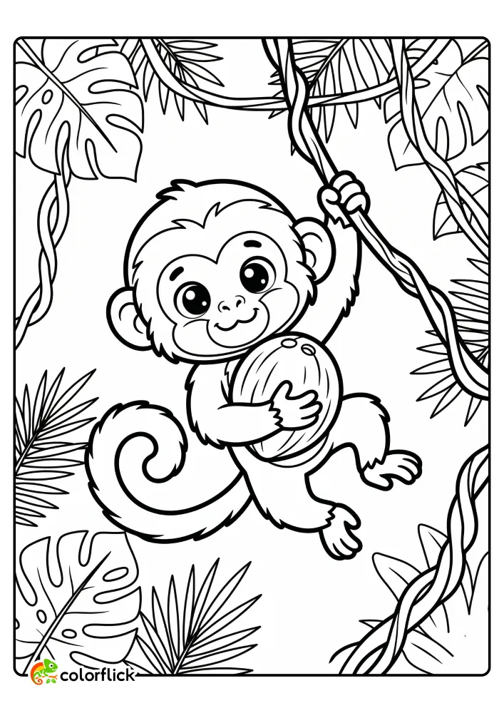 A cute cartoon monkey swinging on a jungle vine holding a whole coconut, printable coloring page for kids.