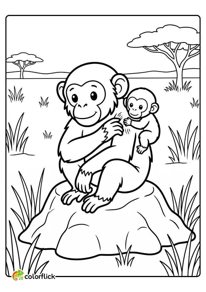Cute mother chimpanzee grooming her baby on her back while sitting on a rock in the savanna, printable coloring page for kids and animal lovers.