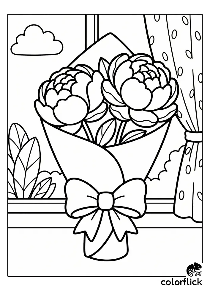 Cute chibi peony flower bouquet in a paper cone with a large bow sitting on a windowsill with curtains, a free printable coloring page for kids.