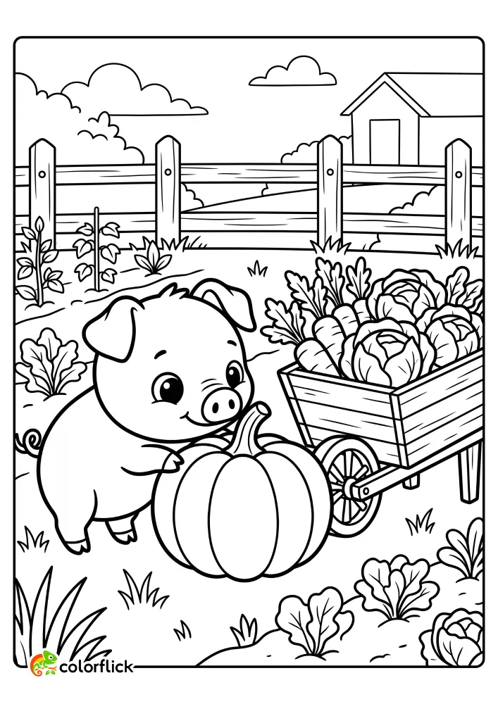 Cute piglet pushing a large pumpkin in a vegetable garden near a wheelbarrow filled with carrots and cabbages printable coloring page for kids.