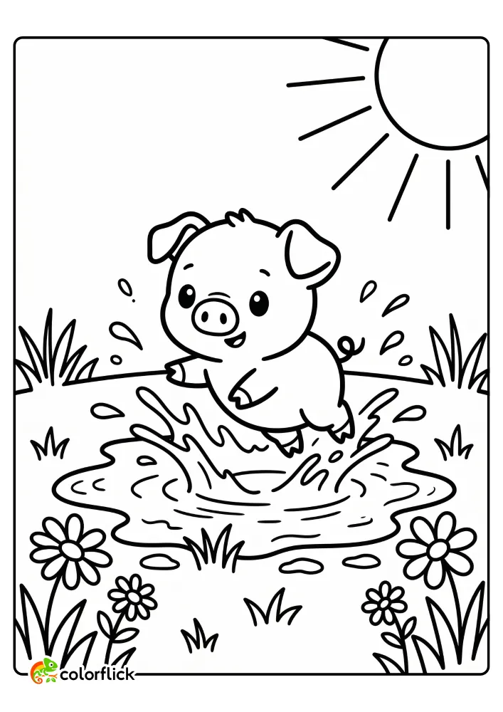 A cute piglet happily splashing and leaping in a muddy puddle surrounded by wildflowers and grass under a bright sun, a printable coloring page for kids.