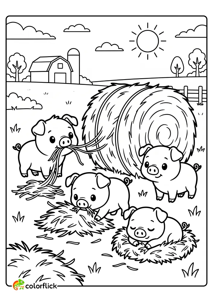 A group of pigs gathered around a round bale of hay in a field pulling strands to make soft nests, printable coloring page for kids.