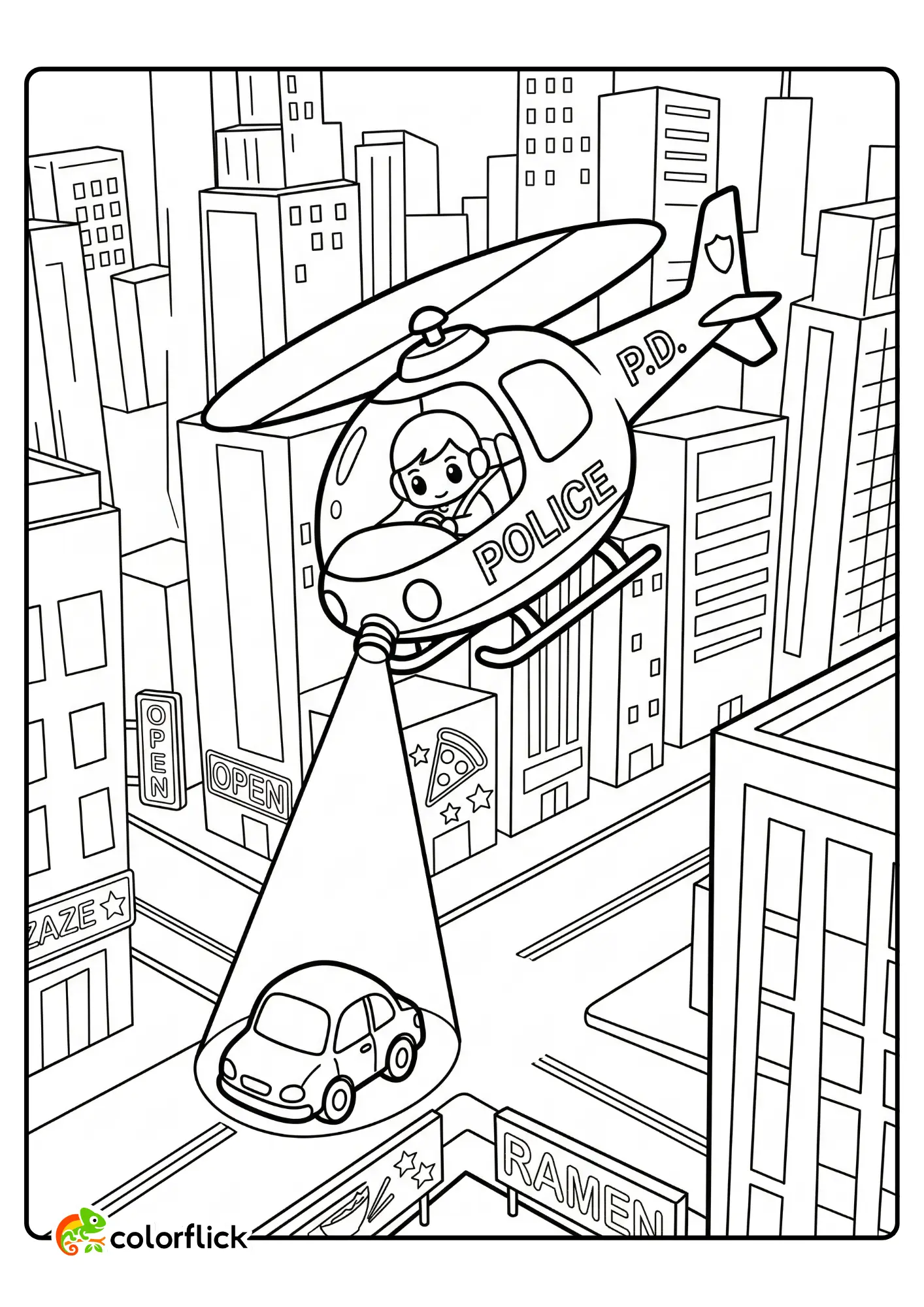 A printable coloring page for kids showing a cute police helicopter with a pilot flying over tall city skyscrapers, with its searchlight beam focused on a car on the street below.