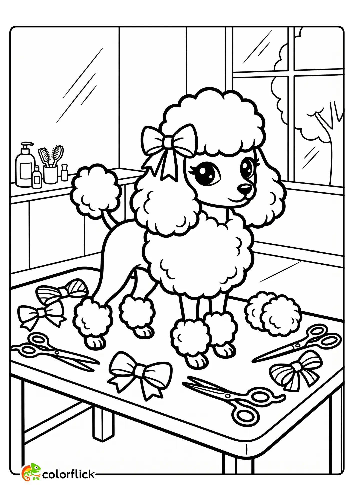 A cute poodle with a bow on its head standing proudly on a grooming table with scissors, bows, and fluffy pom-poms in a detailed printable coloring page for kids.