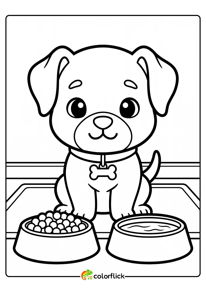 A black and white line art drawing of a cute puppy sitting patiently with its food and water bowls, a printable coloring page for kids.