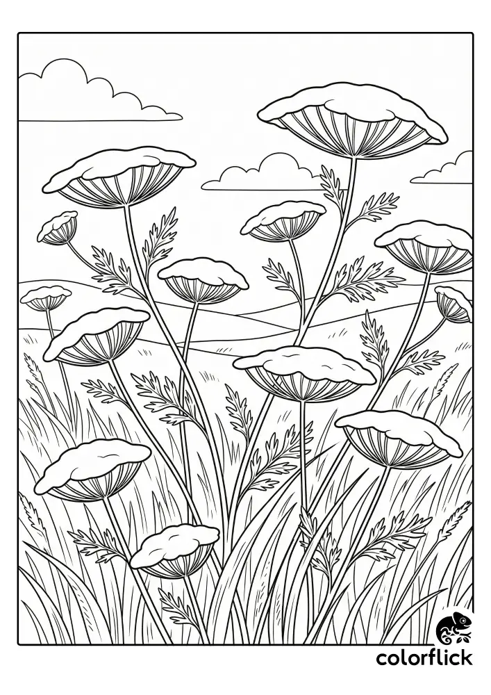 Chibi-style Queen Anne's lace flowers and tall grass in a meadow with clouds, a free printable coloring page for kids.