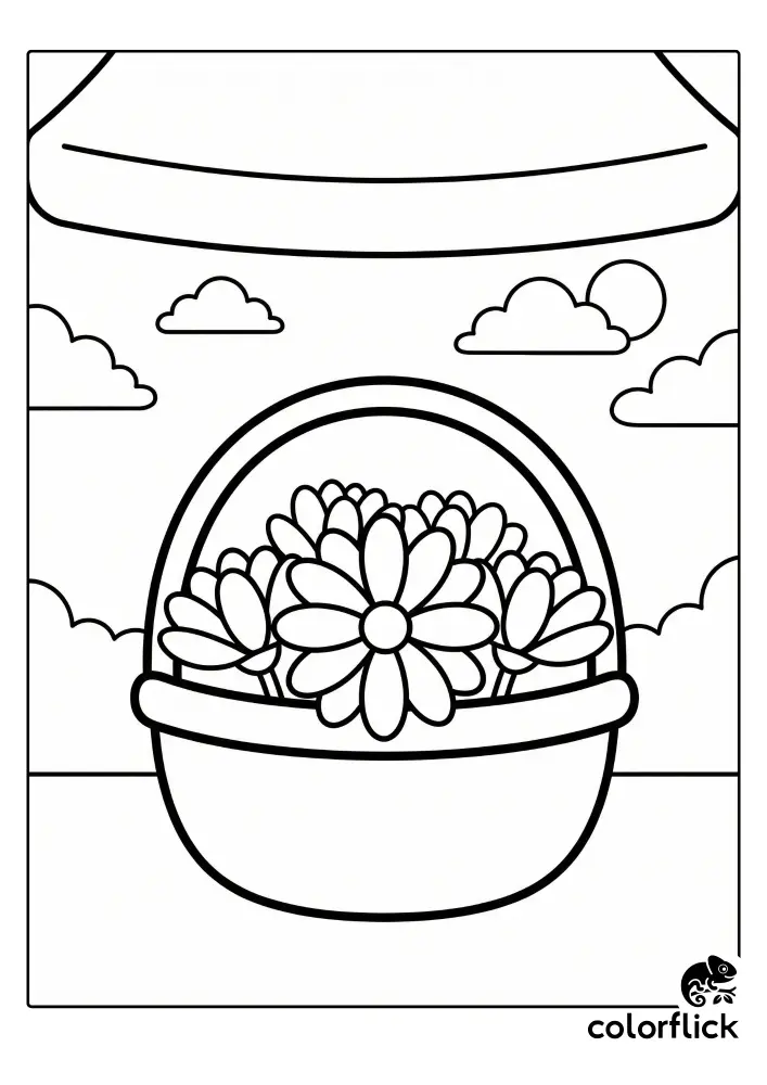 Cute chibi-style smooth basket filled with large, simple flowers under a market canopy, a free printable coloring sheet for kids.
