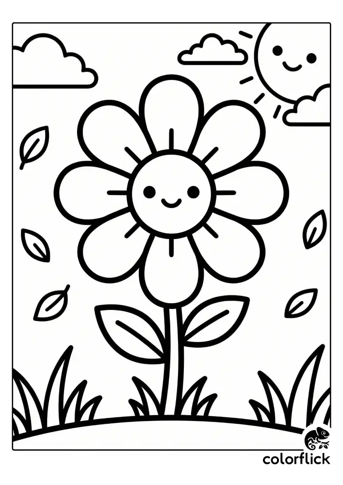 Cute smiling daisy flower with simple rounded petals on a grassy mound under a sun and clouds, a free printable coloring sheet for kids perfect for spring.