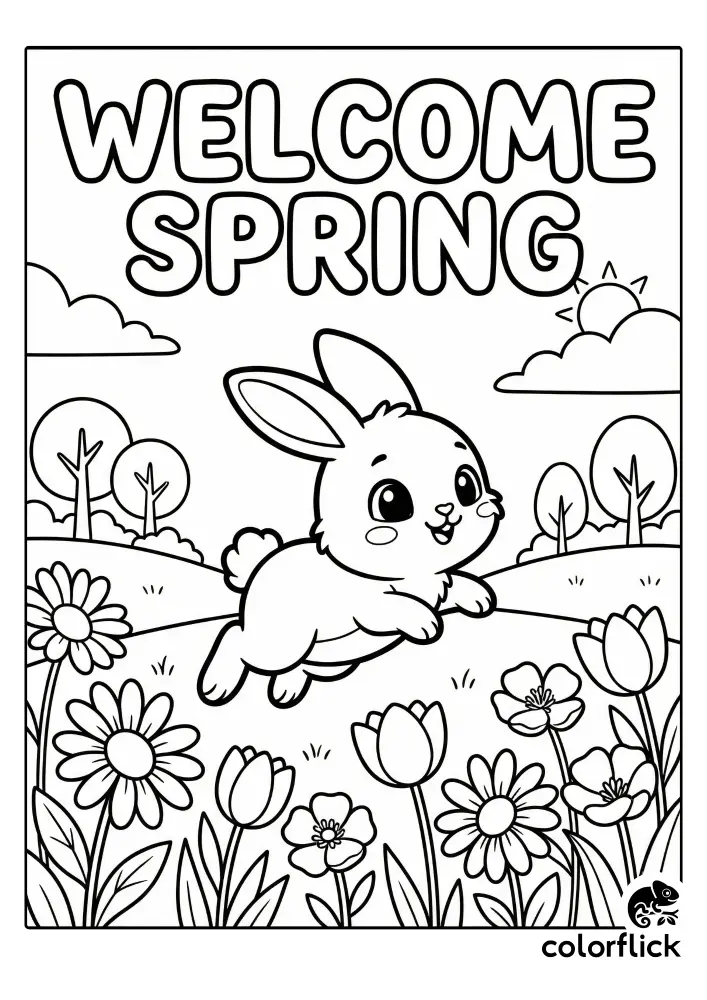 Chibi bunny hopping energetically through a field of tulips and daisies with rolling hills and sun in the background, under large "WELCOME SPRING" text. This is a free printable coloring sheet for kids.