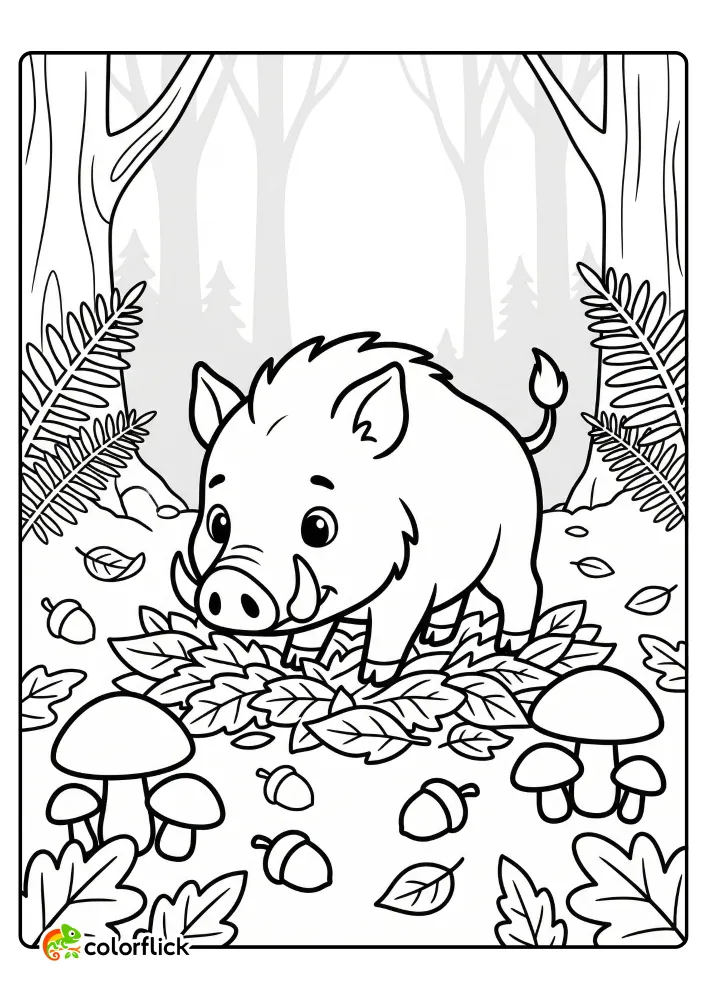 A tusked wild boar happily foraging in a pile of deep autumn leaves, surrounded by mushrooms, acorns, and ferns in a forest, a free printable coloring sheet for children.