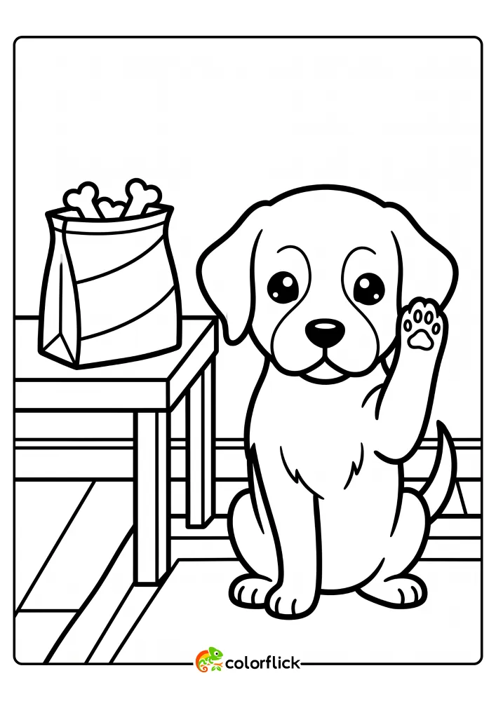 A simple line art drawing of a cute puppy sitting down and raising one paw to shake hands next to a table with a bag of treats, a printable coloring page for kids.