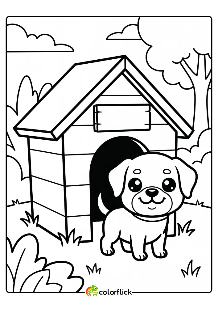 A simple black and white line art drawing of a happy puppy standing proudly in front of a classic wooden doghouse with a blank name sign, a free printable coloring sheet.