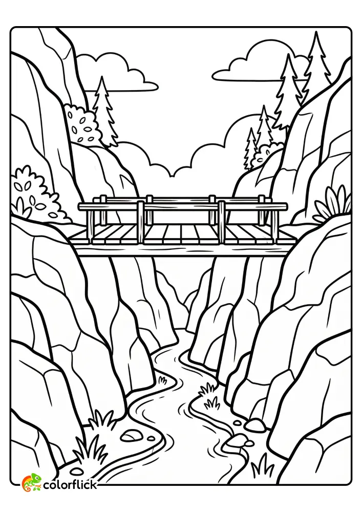 Outline of a narrow river flowing through a deep rocky gorge with a wooden footbridge, printable coloring page for kids.