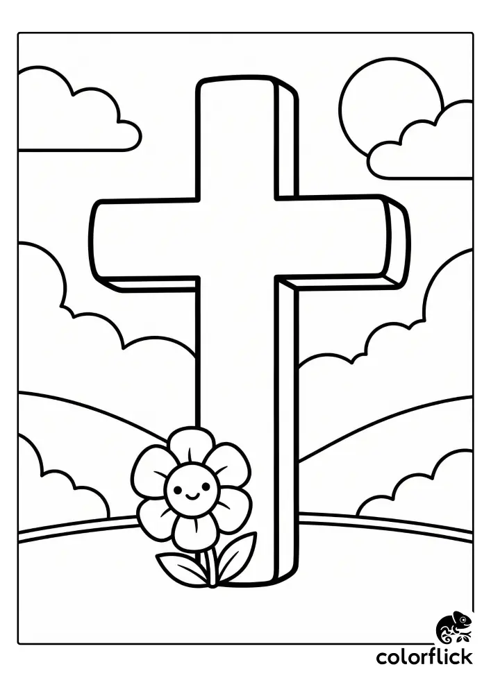 Free printable coloring page for kids showing a simple chibi cross standing in a field with a smiling flower at its base, under the sun and clouds.