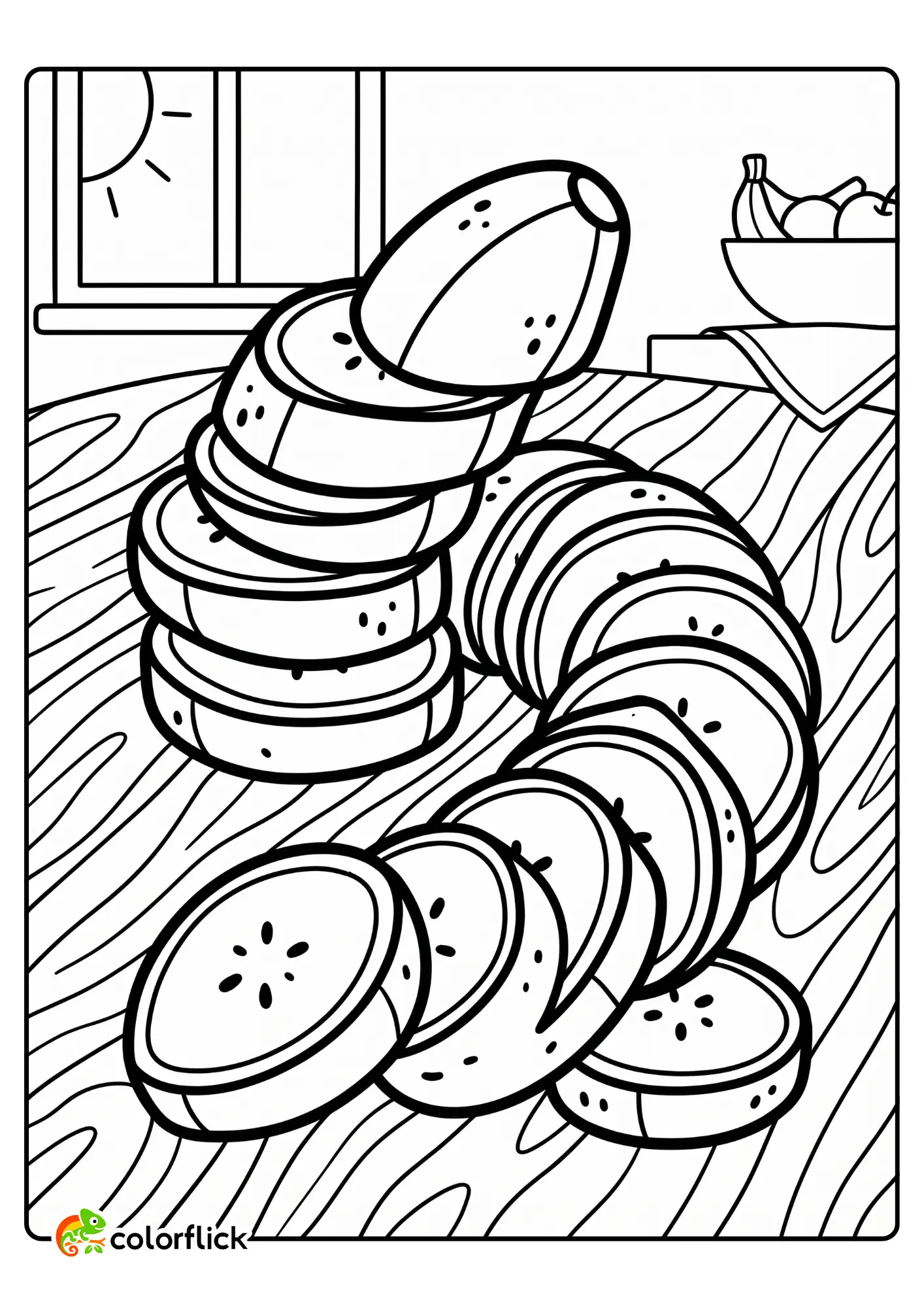 A big stack and winding spiral of round banana slices with tiny speckles on a wooden table with wood grain pattern, printable coloring page for kids.